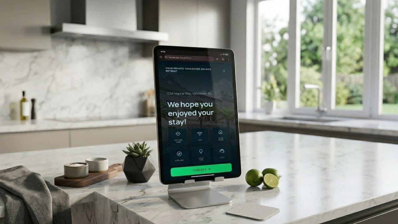 Homebase guest touchscreen displayed in a bright kitchen setting